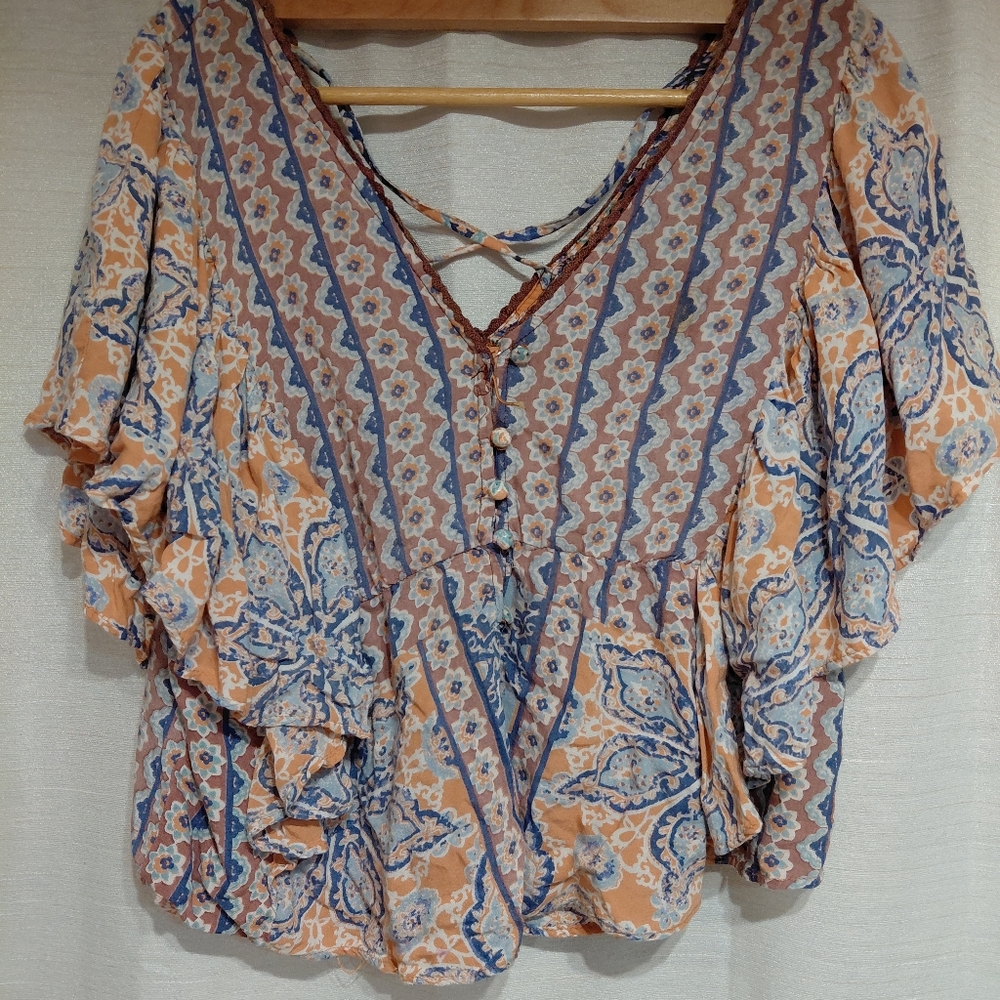 Vintage Angie Peach and Blue Boho Floral Cropped Peplum Blouse